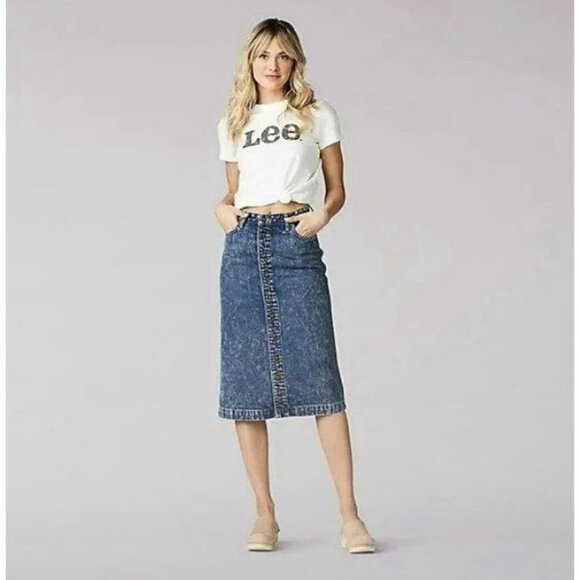 Lee Vintage Modern High Rise Midi Denim Skirt 32 Western 80s Grunge Blue - Picture 1 of 9